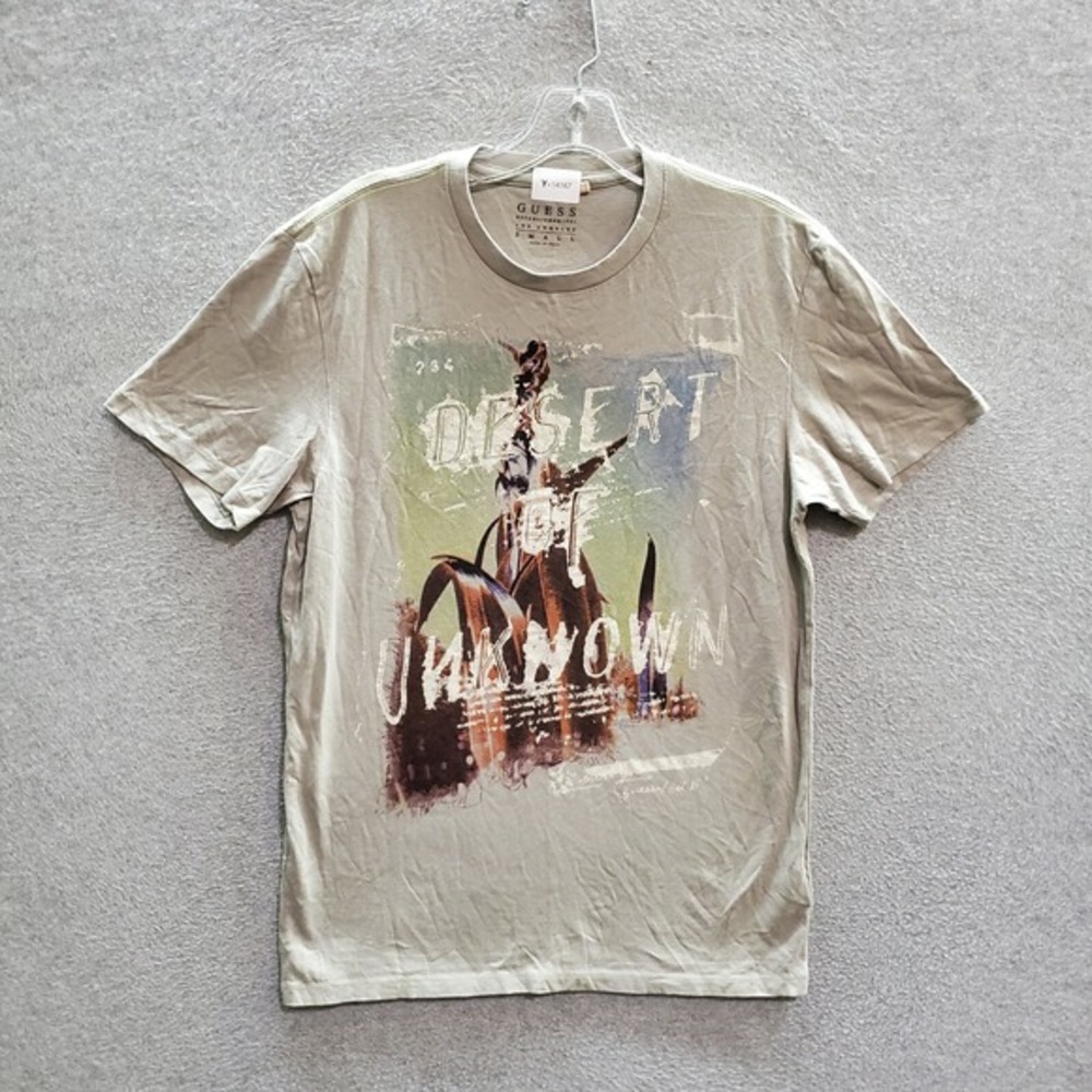 Guess Men T-Shirt Small Beige Desert Of Unknown Logo Short Sleeve Tee